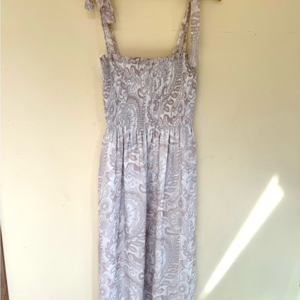 Wilfred Aritzia Smocked Midi Dress Paisley Print Tie Strap Size Large Sundress